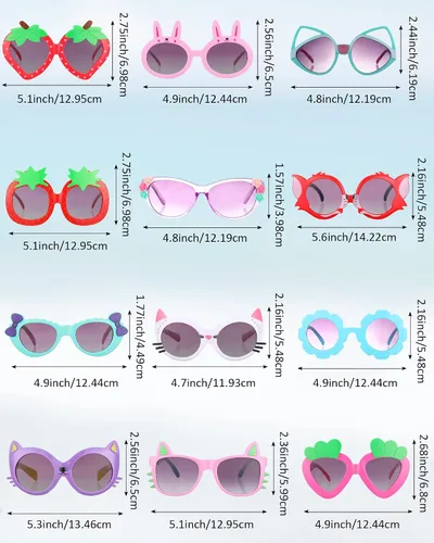 Vista 2 de Weewooday 12 pares de lentes de sol para niños, diseño de fresa, gato, flor, corazón, para fiesta, caricatura, gafas de sol para niños