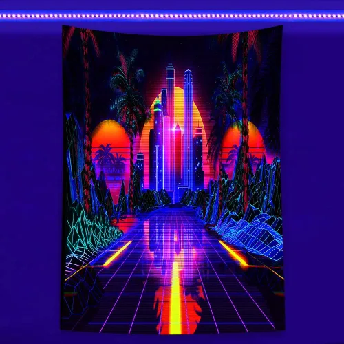 Vista 10 de TPMDFC Tapiz punk urbano con luz negra, reactivo a los rayos UV, decoración futurista japonesa de ciudad futurista, tamaño pequeño, 40 pulgadas, 30