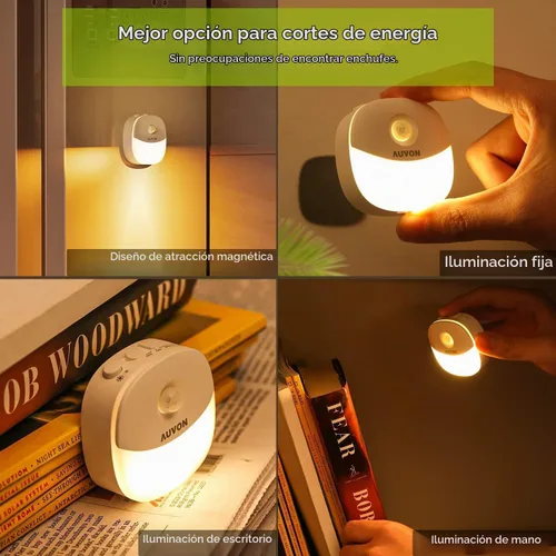 Vista 7 de AUVON Luz nocturna de batería recargable, mini con sensor de movimiento, luz LED blanca cálida con sensor de atardecer a amanecer, brillo ajustable
