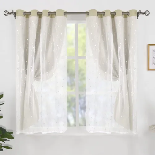 Vista 2 de BGment Cortinas de oscurecimiento de habitación con superposición transparente, cortinas de tul estampado plateado de doble capa para sala de estar