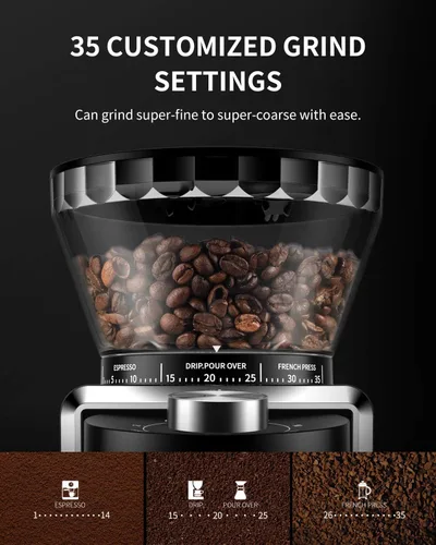Vista 4 de KIDISLE Molinillo de Café de Fresas Cónicas, Molinillo Eléctrico de Granos de Café para Molienda Precisa, 35 Ajustes, Selector de 2 a 12 Tazas