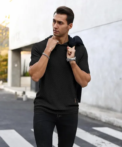 Vista 3 de Zaitun Sudadera con capucha de manga corta para hombre, suéter casual de punto gofre