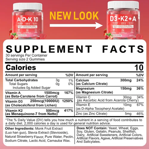 Vista 2 de Vitamina D3 + K2 + A Gummies 5000IU/10000 UI – Suplemento de vitamina D3 Con K2 con calcio magnesio zinc, vitamina C y E, alta dosis máxima