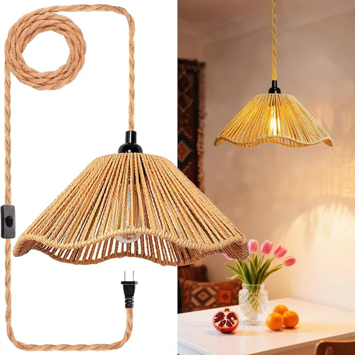 Vista 9 de Luces Colgantes con Cable de Enchufe, Lámpara Colgante de Ratán, Luminarias de Techo Boho, Lámpara Colgante de Estilo Rústico para Sala de Estar
