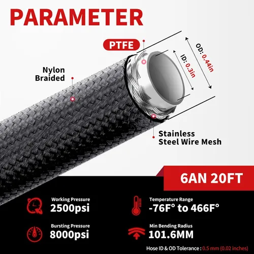 Vista 6 de Kit de línea de combustible de PTFE 6AN, manguera de línea de combustible de PTFE trenzada de nailon 6AN 20 pies E85 con conexión de extremo