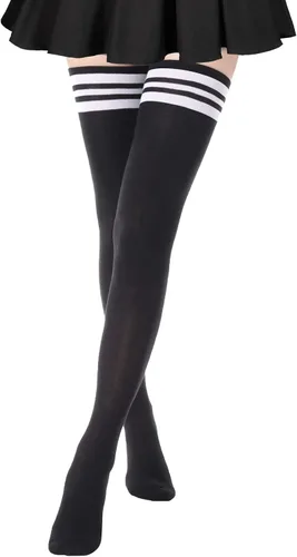 Vista 47 de DRESHOW Calcetines altos extra largos a rayas sobre la rodilla medias finas medias largas 1 par largo/regular: negro (raya rosa intensa)