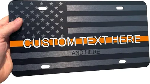 Vista 51 de JASS GRAPHIX Placa de matrícula personalizada con la bandera estadounidense de línea amarilla, homenaje personalizado a despachadores y operadores