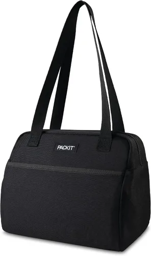Vista 2 de PackIt® Lonchera Hampton congelable, color negro, fabricada con tecnología ECOFREEZE®, plegable, reutilizable, cierre de cremallera con bolsillo