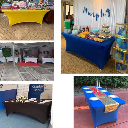 Vista 6 de Paquete de 2 manteles rectangulares de elastano de 4 pies, ajustables, elásticos, para bodas, fiestas, eventos, reuniones, cumpleaños, decoración