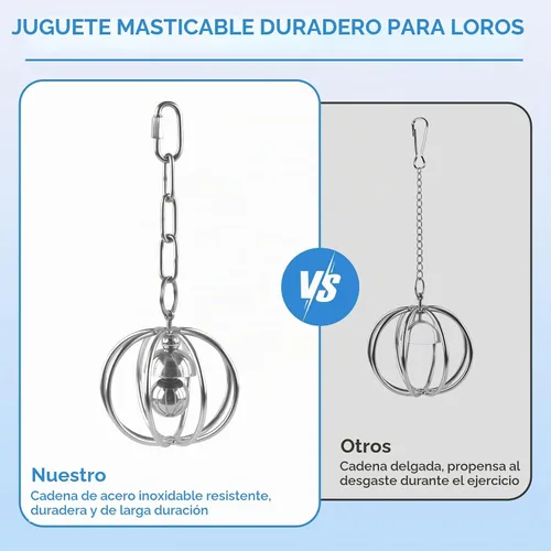 Vista 5 de DBNESS Juguete masticable de loro resistente de acero inoxidable, bola de forrajeo hueca con cadena desmontable, juguete de entrenamiento resistente
