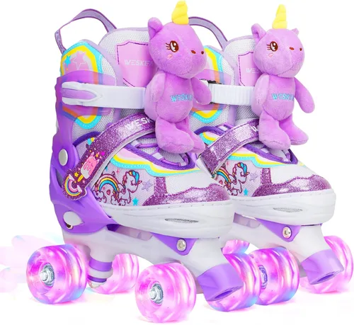Vista 8 de Dino - Patines de ruedas para niños y niñas, WESKIFAN Dinosaur Quad Skating Shoes con ruedas brillantes y tamaños ajustables para principiantes