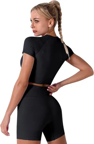 Vista 3 de Conjuntos de 2 piezas sin costuras para yoga y entrenamiento - con ombliguera de manga corta y pantalones cortos de tiro alto para correr