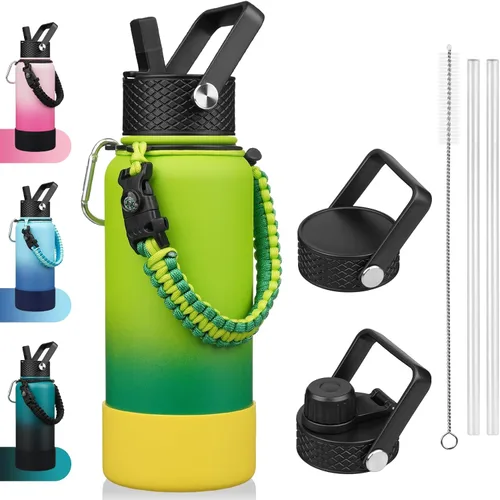 Vista 45 de BJPKPK - Botella de agua con tapa de popote, botellas de agua aisladas de 18 onzas con 3 tapas, asa de cuerda de paracaídas y base antideslizante