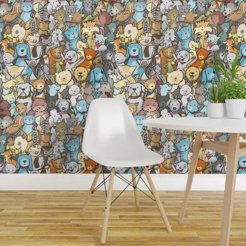 Vista 3 de Muestra de papel tapiz extraíble – Perros de rescate de mascotas animales lindos dibujos animados cuarto de niños gatos adoptar habitación