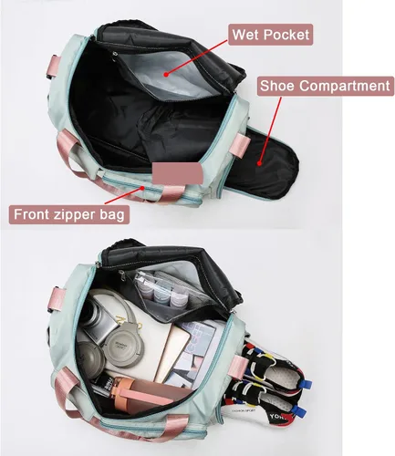 Vista 6 de Bolsa de Gimnasio Pequeña para Mujer, Bolsa de Lona de Viaje, Bolsa de Fin de Semana con Compartimento para Zapatos