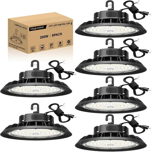 Vista 17 de UFO - Luz LED de alta bahía de 100 W, luces LED de alta bahía de 14,000LM, 0-10 V, regulable, cable de 6 pies con enchufe estadounidense, gancho