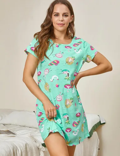 Vista 2 de PNAEONG - Camisón de algodón para mujer, de manga corta y con estampado, ropa de dormir informal