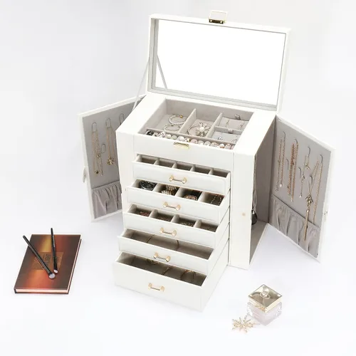 Vista 6 de V-LAFUY Joyero grande para mujer, organizador y almacenamiento de joyas, caja de joyería grande con espejo, color blanco
