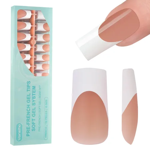 Vista 9 de Vansiho Uñas postizas de gel francés de almendra media, uñas suaves rosadas