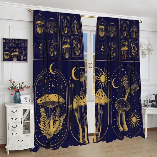 Vista 4 de Cortinas semitraslúcidas de hongos, estilo bohemio, plantas místicas, sol, luna, tratamiento de ventana para dormitorio, sala de estar, cocina