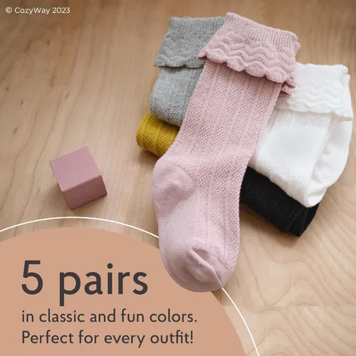 Vista 3 de CozyWay Calcetines altos hasta la rodilla, calcetines largos para recién nacidos, niñas y niños pequeños, uniformes con volantes, medias largas