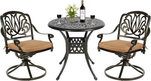 Vista 9 de Juego de comedor de patio al aire libre de 3 piezas, juego de conversación de aluminio fundido para todo tipo de clima con 2 cojines giratorios
