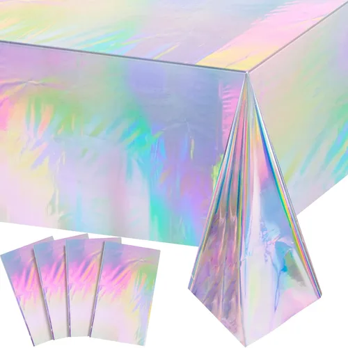 Vista 44 de Paquete de 1 mantel de plástico a cuadros negros e iridiscentes, manteles rectangulares desechables con láser, mantel de papel de aluminio