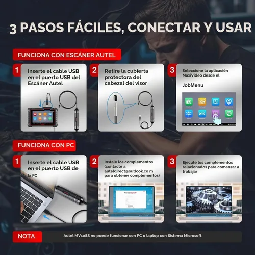Vista 6 de Cámara de Inspección Digital Autel MaxiVideo MV108S 2025, 2MP 1920x1080, Endoscopio USB Impermeable IP67, Cámara Boroscopio Serpiente de 8.5mm