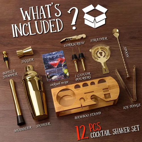 Vista 2 de Set de coctelera para barman: juego de 12 piezas de herramientas de bar con soporte de bambú Juego de barras con todos los accesorios prácticos