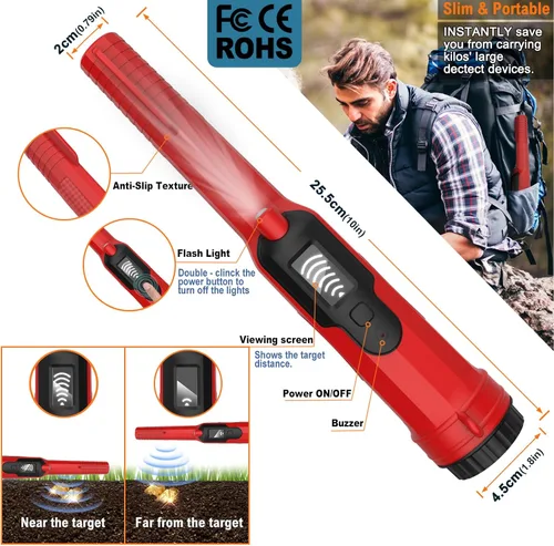 Vista 2 de Pantalla LCD totalmente impermeable, detector de metales dorados con linterna LED, Pinpointer de búsqueda de 360 grados, IP68 bajo el agua a 49.2