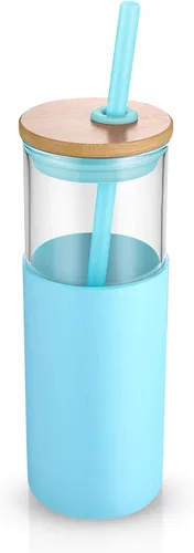 Vista 40 de Tronco Vaso de vidrio de 28 onzas con tapas y pajilla, taza reutilizable para café helado y vaso para batidos con tapa de bambú, funda de silicona