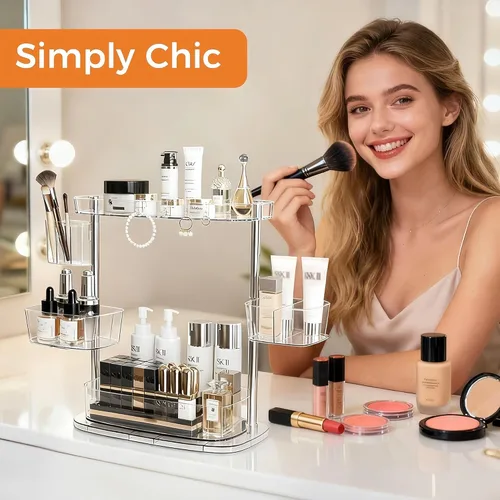 Vista 4 de Organizador de maquillaje giratorio de 360°, organizador de maquillaje con soporte para brochas y soporte de perfume, organizador de mostrador