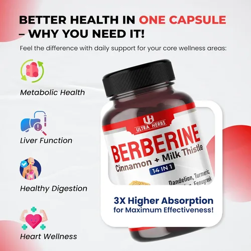 Vista 4 de Ultra Herbs Berberina prémium con canela, cardo mariano - Promueve la función hepática, la salud intestinal y la inmunidad (150