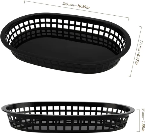 Vista 2 de Paquete de 30 cestas de plástico negro de 10.5 x 7 pulgadas, cestas de servicio de restaurante, cesta plana ovalada de comida rápida para picnic