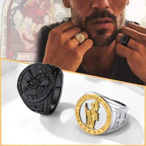Vista 3 de PROSTEEL Anillo de San Miguel, anillo de San Cristóbal, el gran arcángel protector derrotando a Satanás, anillo de amuleto de acero inoxidable