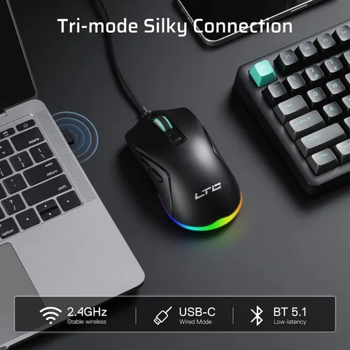 Vista 3 de LTC GM025 - Ratón inalámbrico trimodo para juegos, sensor PAW3311 de 12000 DPI, mouse ergonómico de 2.4 GHz/BT/cableado, 6 botones programables