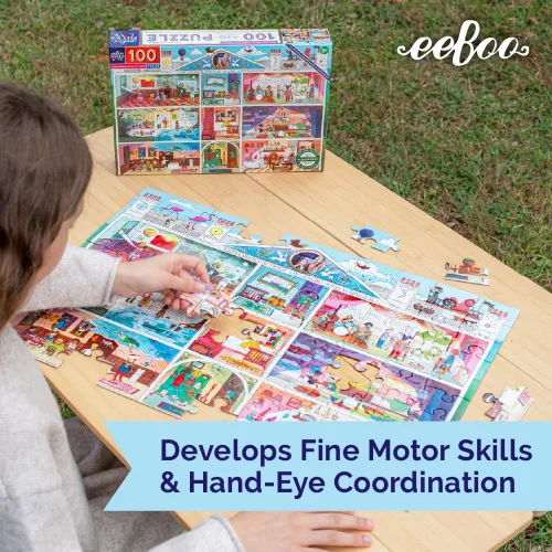 Vista 9 de eeBoo Rompecabezas de 100 piezas para niños – Explorers School of Magic Rompecabezas infantil con temática de mago, piezas grandes para manos