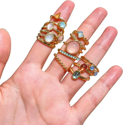 Vista 2 de Juego de anillos de nudillos de cristal dorado para mujeres y adolescentes anillos gruesos coloridos juego de anillos de plata dorada paquete