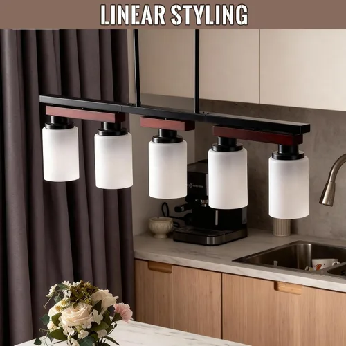 Vista 5 de Iluminación de isla de cocina de 5 luces y accesorios de luz de comedor de granja sobre mesa, colgante de techo rústico ajustable colgante lineal