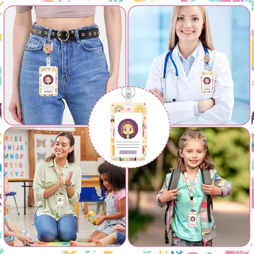 Vista 7 de Be Kind - Cordón con soporte para tarjetas, soporte para tarjetas de arcoíris con carrete retráctil para insignias, cordón desmontable y lindo