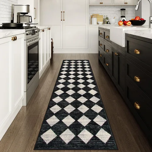 Vista 14 de Lahome - Tapete con diseño de entramado marroquí, a cuadros, pequeño, suave y antideslizante, moderno, resistente a las manchas, para puerta Negro