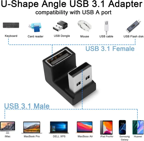 Vista 5 de QIANRENON Convertidor de adaptador USB 3.1 en forma de U de 10 Gbps 180 grados USB A macho a hembra, compatible con transferencia de datos OTG 3A