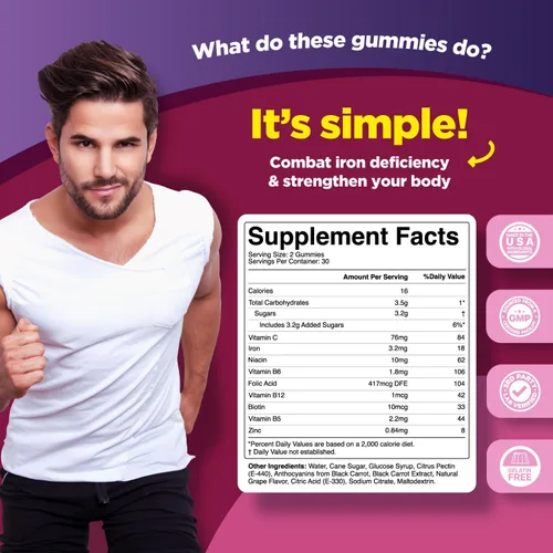 Vista 8 de Gomitas de hierro multivitamínico natural para adultos, vitaminas gomosas para adultos con hierro y vitaminas del complejo B que aumentan