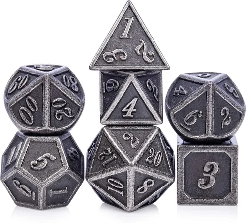 Vista 14 de DNDND - Dados de diseño antiguo, 7 dados de metal de latón con caja de metal para juegos de mesa como Dungeons and Dragons