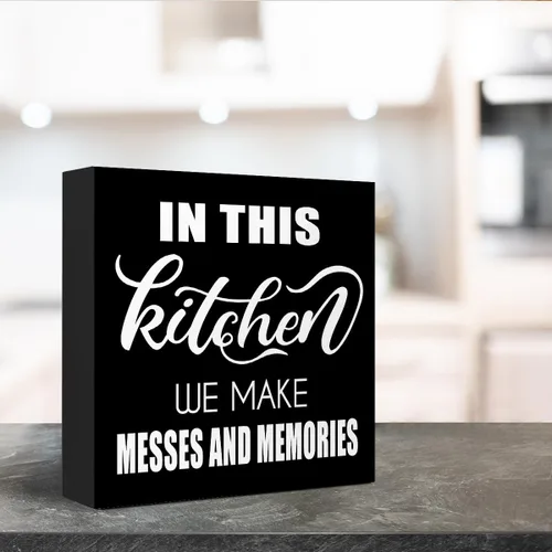 Vista 4 de LVQHI Nostalgic Kitchen - Letrero de madera con frase en inglés "In This Kitchen We Make Messes And Memories", conmovedora decoración de cocina
