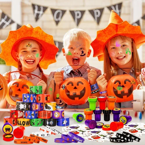 Vista 7 de MGparty Paquete de 288 regalos de fiesta de Halloween, juguetes a granel para niños, sellos de tatuajes, pulseras de goma, pulseras de goma