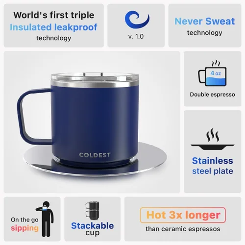 Vista 2 de Coldest Taza de café espresso apilable aislada con platillo – Taza de café espresso de viaje de triple pared aislada de acero inoxidable para viaje