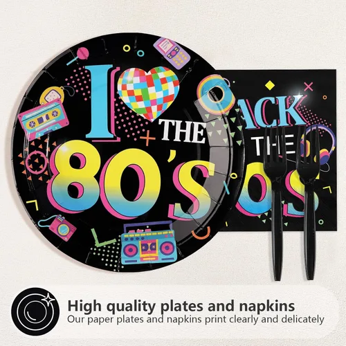 Vista 2 de 96 piezas de decoraciones de fiesta de los años 80, platos temáticos y servilletas de los 80, juegos de vajilla retro coloridas de hip hop