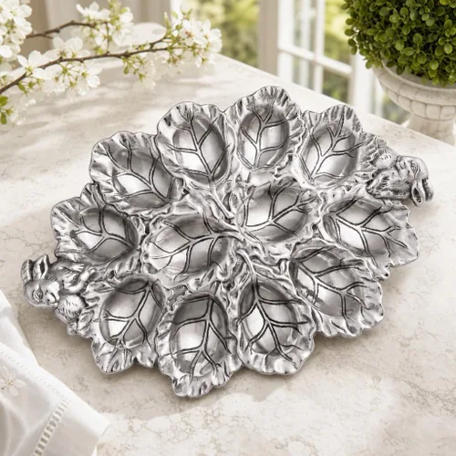 Vista 2 de Arthur Court Bunny Deviled Egg Holder - Recipiente de metal de aluminio para reuniones de Pascua, 12 x 8.5 pulgadas