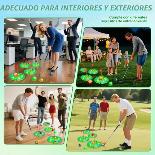 Vista 6 de Juego de golf iluminado VATOS - Mini juguete de golf con brillo con 4 agujeros LED, 4 bolas (2 brillantes), putter extensible, construye tu propio